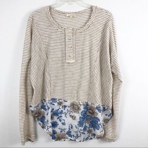 Mystree Striped Floral Henley Long Sleeve Top